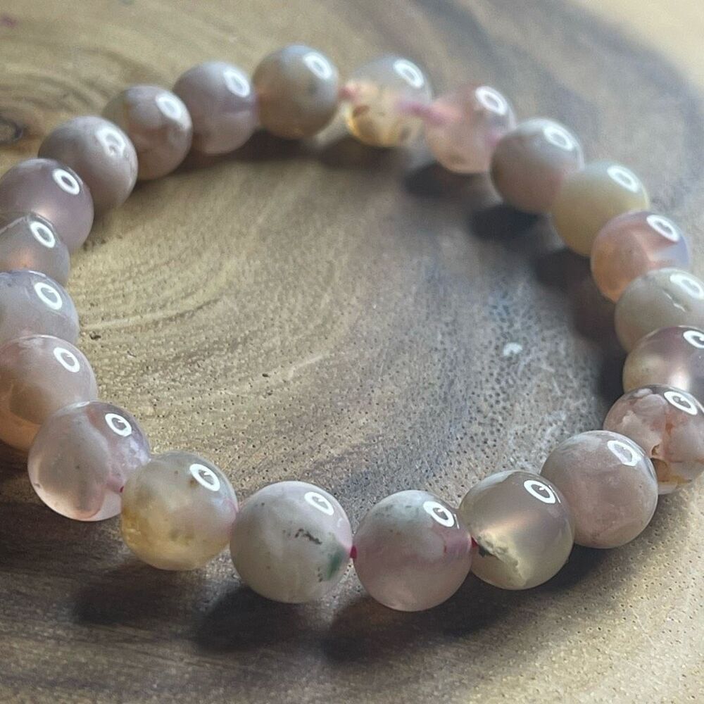 Pink Flower Agate stretch beaded bracelet 7” crystal healing beads 8mm ONE NEW